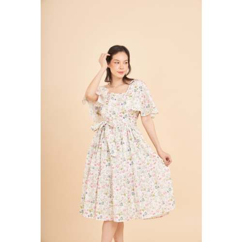 Princess Cotton Linen Midi Dress with Nursing Zippers in Sweet Wildflo
