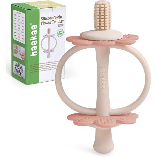 haakaa Silicone Twin Flower Teether,Nipple-Shaped End for Gum Massage,360° Baby Toothbrush Head for Self-Brushing Training,Easy to Grip -Soft Pink