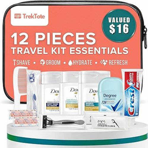 Trektote 12-Piece Women’s Travel Hygiene Kit with Toiletries & Grooming Essentials, TSA-Compliant, Clear Cosmetic Bag, Available in Bulk