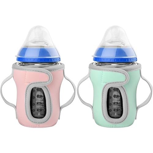Beautyflier Glass Baby Bottle Sleeve Covers for 9oz Nature Baby Bottles with Dual Handle, 3.8mm Thicken Heat and Cold Retention Baby Bottle Sleeve (Pink+Green)