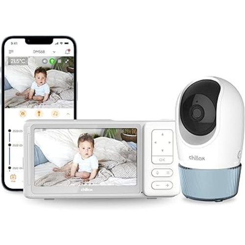 CHILLAX DM568 Video Baby Monitor – 2K QHD Baby Monitor with Camera and Audio w/Remote Pan‑Tilt‑Zoom, 5″ 720p Color Screen, Auto Dimming LED, Night Light & Sleep Trainer, Wi‑Fi/Non‑Wi‑Fi Viewing