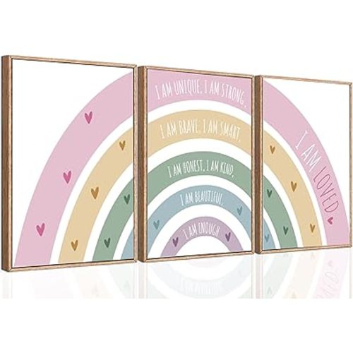 3Pcs Rainbow Canvas Wall Art - Colorful Boho Nursery Wall Decor - Positive Affirmation Kids Heart Picture Posters Prints for Girls Bedroom - 12x16in Unframed