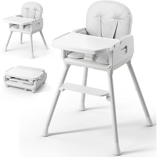 3-in-1 Portable Baby High Chair for Babies and Toddlers, Convertible Easy Clean Infant Foldable Highchair with Adjustable Legs & Dishwasher Safe Tray, Grey