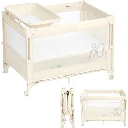 ANGELBLISS Baby Bassinet Bedside Crib, Pack and Play with Mattress, Diaper Changer, One-Push Setup Playards from Infants to Toddlers (Beige)