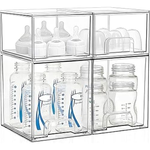 Baby Bottle Storage Organizer: Clear Stackable Storage Drawers, Acrylic Bottles Station Organizer Container for Countertop, Vanity, Bathroom, Cabinet Organization - 4 Pack
