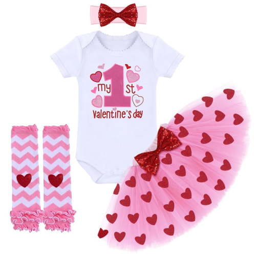 IBTOM CASTLE Baby Girls My 1st Valentines Easter Outfit Romper Ruffle Tutu Skirt Headband Leg Warmers 4PCS Party Dress Clothes Set 0-6 Months Pink - 1st Valentine's Day 02