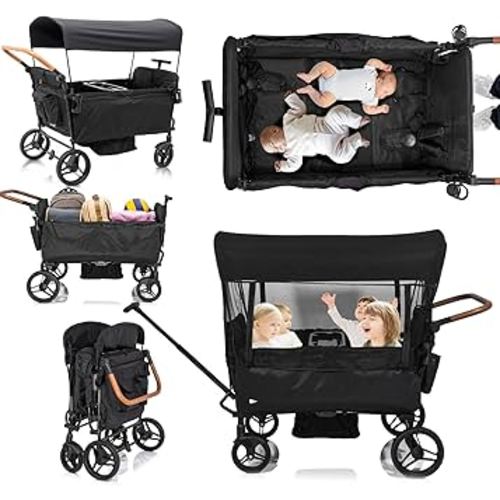 Stroller Wagon for 4 Kids Seated-Tandem Fold Stroller Push-Pull Lightweight Travel Trolley with 5-Point Harness,Adjustable Handle and Canopy,Mosquito Net,Footwells,Child Tray,Cup Holder,Storage