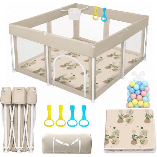 Foldable Baby Playpen with 4 Handle Rings, 30 Ocean Balls, Net Basket and Mat, 50"x50" Portable Collapsible Play Yard for Indoor and Outdoor Use