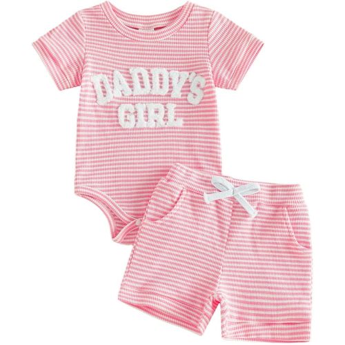 Tsultryofs Baby Girl Summer Clothes Newborn Infant Outfit Letter Embroidery Print Short Sleeve Romper with Shorts 2Pcs Set