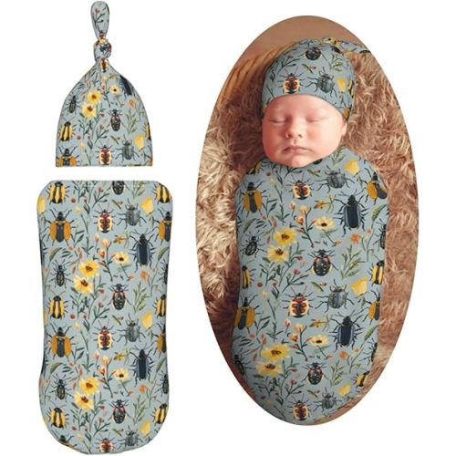 Beetles Bugs Newborn Swaddle Blankets Hat Sets Soft Baby Receiving Blanket Swaddle Sack for Baby Shower Infant Boy Girl Gift