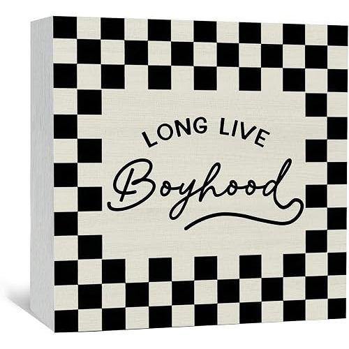 Boy Nursery Wooden Box Signs, Boys Room Decor, Long Live Boyhood Retro Black and White Checkered Wood Sign Home Decor for Kids Boys Toddler Room Bedroom Playroom Desk Table Shelf 5x5 Inch