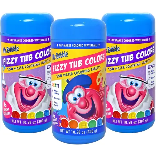 Mr. Bubble Fizzy Tub Colors Bath Water Coloring Tabelets, 6 Bright Colors, Red, Orange, Yellow, Purple, Blue and Green, Fragrance Free, Cap Makes Colorful Waterfall (3 Jars, 150 Tablets Each)
