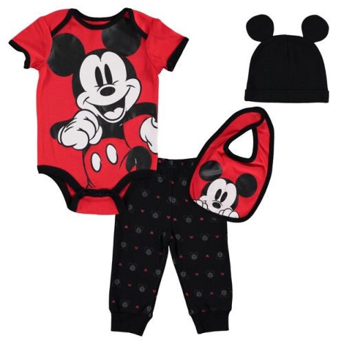 Disney Mickey Mouse Newborn Baby Boys 4 Piece Outfit Set: Bodysuit Pants Bib Hat Red/Black 0-3 Months