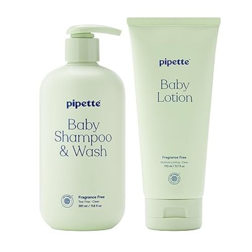Pipette Fragrance Free Wash and Lotion Duo, Pack of 2, Fragrance Free Baby Shampoo and Body Wash, Unscented Lotion for Newborns, Sensitive Skin, and Kids, Tear-Free Bath Time, Hypoallergenic