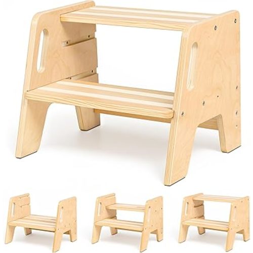 WINGYZ Toddler Step Stool, 3-Height Adjustable Wooden Stool for Kids, FSC & ASTM Birch Marine Plywood, 300lb Capacity, Bathroom Sink Independence, Kitchen Potty Training, Natural Wood