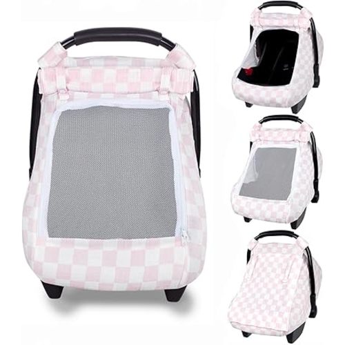 Summer Baby Car Seat Cover, Muslin Carseat Cover for Infant Boys Girls with Large Mesh Window, Breathable Newborn Car Seat Canopy, Pink Checkerboard