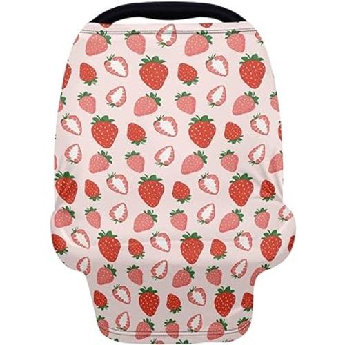 Coldinair Strawberry Pink Car Seat Cover for Babies Girls,Soft Stretchy Nursing Cover,Breathable Infant Carseat Canopy,Shopping Cart/High Chair/Stroller Covers