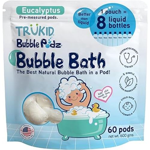 TruKid Bubble Podz Bubble Bath for Kids, Toddlers, & Babies, Tear Free Gentle & Refreshing Bath Bomb for Sensitive Skin with Natural Moisturizers, Non-Toxic, pH Balanced, Eucalyptus Scent (60 Podz)