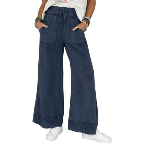 Athlisan Womens Casual Wide Leg Sweatpants Acid Wash Elastic Waisted Palazzo Pants Trousers with Pockets