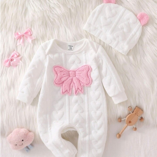 2pcs Newborn Baby Cute Bear Print Long Sleeve Romper And Hat Set, Simple And Fashionable Homewear Fall Winter Cozy Pixies Baby Girl Set Bow Newborn Outfit Baby Girl Knitted Outfits Newborn Girl Winter Sets | SHEIN USA