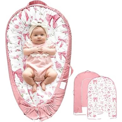 Baby Lounger Cover for Boys Girls, Reversible Baby Nest Cover, Adjustable Baby Lounger Replaceable Cover for Infant Newborn, Portable and Machine Washable, Cotton Pink Rose Cover Only