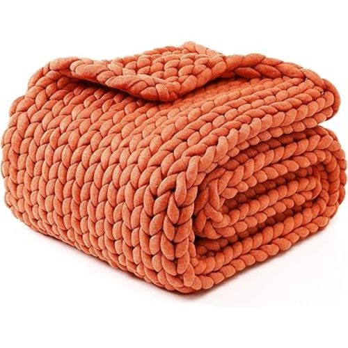 YnM Chunky Throw Blanket, Medium-Weight, Hand Knitted, Skin Friendly, Ventilated and Breathable, Machine Washable, Home Décor Piece for Couch, Sofa and Bed (Exotic Orange, 50x70 Inch)