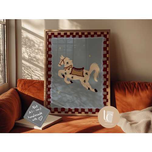 Whimsical horse hand-drawn nursery wall art, retro kids print, funny wall art nursery decor