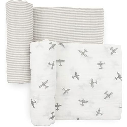 Little Unicorn 100% Certified Natural Organic Cotton Muslin Swaddle Blanket 2 Pack | Giftable Set of 2 swaddles (Pewter Planes)