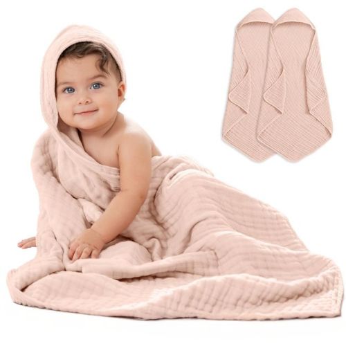 Comfy Cubs Hooded Baby Towels 2 Pack - 6 Layer, 100% Muslin Cotton - Large 32" x 32" - Blush