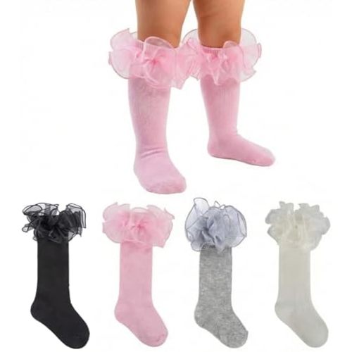 Baby Knee High Socks Girls Non Slip Long Socks Lace Ruffle Stockings for Newborn Infant Toddler Kids 0-8 Years Old