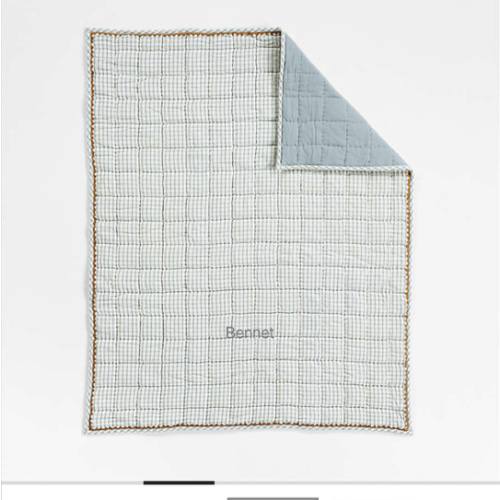 Blue Windowpane Plaid Organic Cotton Baby Crib Quilt