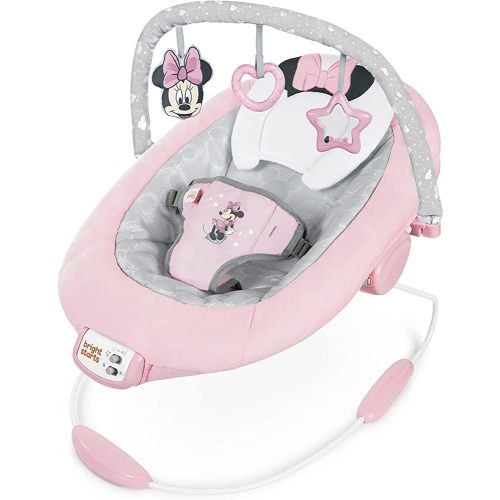Bright Starts Minnie Mouse Rosy Skies Baby Bouncer with Vibrating Infant Seat, Music & 3 Playtime Toys, 23x19x23 Inch (Pink)