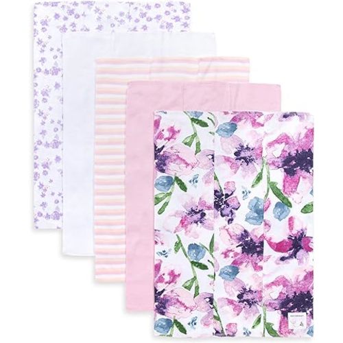 Burts Bees Baby Infant Burp Cloths, 100% Organic Cotton Extra Absorbent Soft Fabric Drool Cloths, 5-Pack Newborn Must-Have Essential Large Burping Cloths, One Size 17 x 11.75 Inches