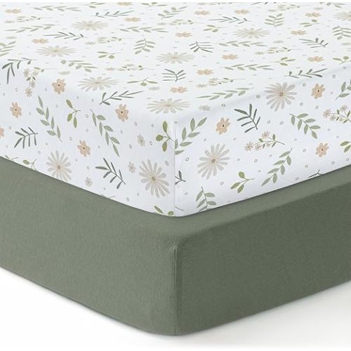 Dreamology Mini Crib Sheets Fitted, 100% Cotton Crib Sheets, Soft, 2 Pack | Pack and Play Sheets, Mini Crib Mattress sheets for Boys,Girls,Pack n Play Sheets,38x24 Mini Crib Sheets | Green,Flowers