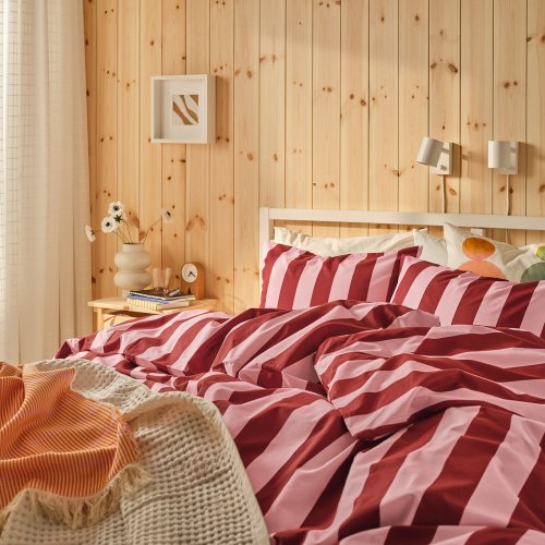 SLÅNHÖSTMAL Duvet cover and pillowcase(s) - light pink dark red/stripe Twin