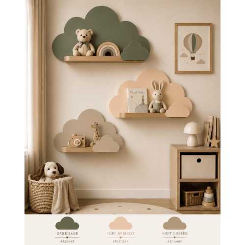 Set of 3 Sage Green Cloud Shelves, Scandinavian Nursery, Wooden Baby Room Wall Art