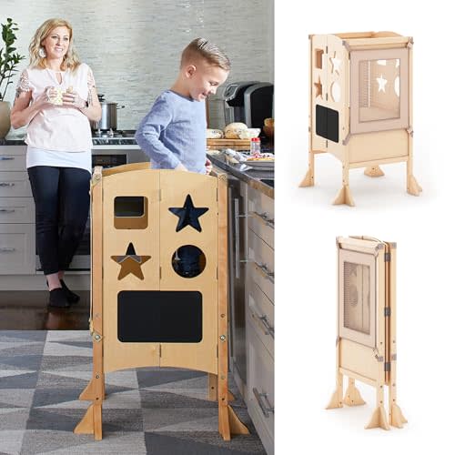 Guidecraft Classic Kitchen Helper - Natural: Adjustable Height, Folding Step Stool For Little Kids, Toddler Safety Cooking Tower with Write-on Wipe-off Message Boards. Kids Learning Furniture