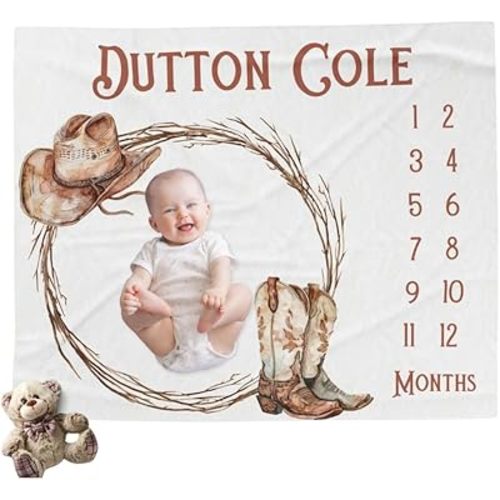 PUTALENG Personalized Month Milestone Blanket for Baby Girl or Boy, Cowboy Milestone Blanket, Babys Western Month Blankets, Hat & Boots Quilt, Infant Growth Tracker, First Year Keepsake Gift