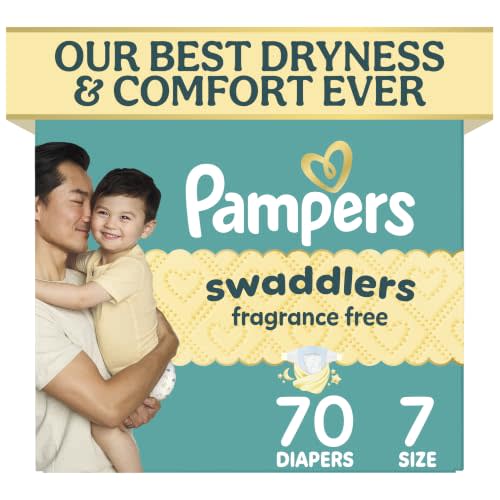 Pampers Swaddlers Diapers, Size 7 (26-50 lbs), 70 Count, Fragrance Free, Hypoallergenic, Absorbent, Pediatrician Recommended, Skin Safe