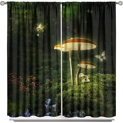 Dream Jungle Blackout Curtains,Green Fairy Tale Forest Wonderful Mushroom Butterfly Print Window Drapes,Night View of Natural Forest for Living Room Bedroom 42x54 Inch