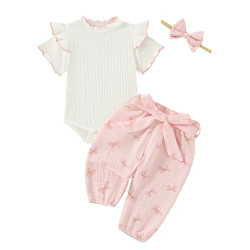 SUNNY PIGGY Newborn Baby Girl Clothes 4Pcs Cute Infant Fall Winter Outfits | 0-18 Months,Toddler Girl Clothing Set,Cute Ruffle Long Sleeve Romper,Casual Floral Pants with Bow Headband,Newborn Essentials