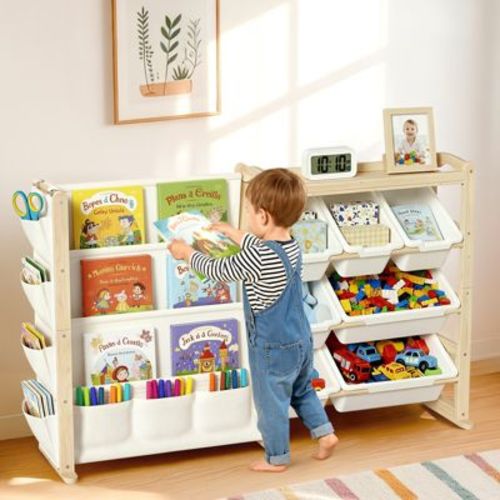 Solid Wood Toy Organizer and Bookshelf 2-in-1, Natural Pine Kids Storage Shelf with 7 Bins, Side Pockets and 4-Tier Book Rack for Playroom or Nursery