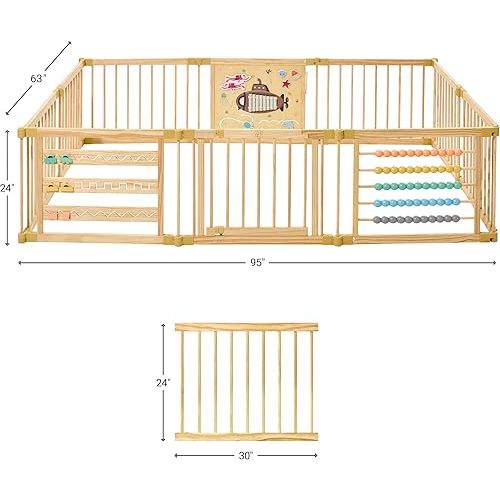 Wooden Playpen Extra Large for Toddlers and Babies - Under The Sea Theme Toy Design - (8/10) Wood Panels - Foldable and Adjustable Baby Play Yard- Extra Large Baby Playpen (10-Panels)