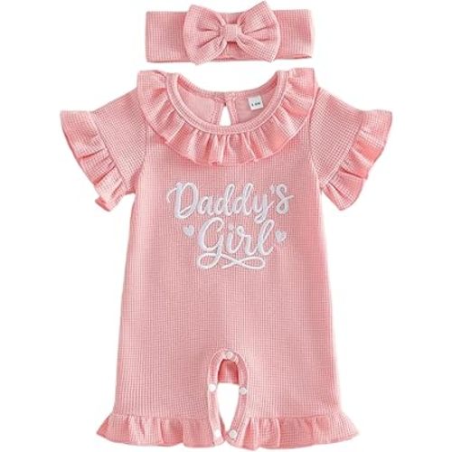 Newborn Baby Girl Summer Outfit Romper Daddy Girl Heart Embroidery Ruffle Jumpsuit Infant Waffle Knit Clothes