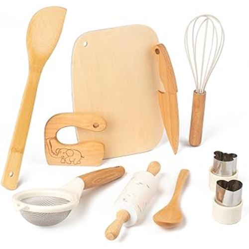 Wooden Kids Safe Knife and Kids Baking Set for Real Cooking, 10 Pcs Montessori Kitchen Tools,Toddler Knife Set Ideal for Cooking and Baking