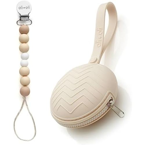 Ali+Oli (Natural) Bundle Duo, Pacifier Case Holder & Silicone Pacifier Clip for Baby