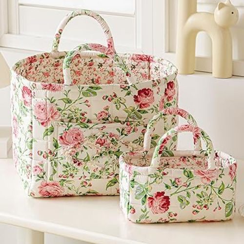 vctops 2 Pack Boho Cotton Quilted Storage Baskets for Organizing, Basket Organizer Gift Basket with Handles, Storage Bins for Toys, Books, Towels, and Clothes, Collapsible Fabric(Floral A)