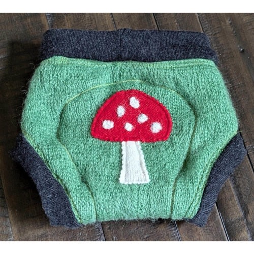 Upcycled Wool Diaper Cover, medium, extra layers, with mushroom on bum