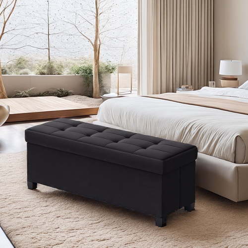 LEDREM 43" Storage Ottoman Bench with 660lb Capacity, End of Bed Bench, Folding Ottoman with Storage, Footrest, Ink Black