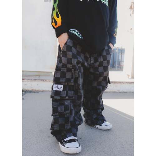 Little Trouble Checkered Baggy Jeans Black